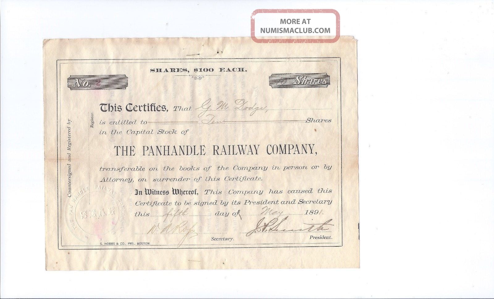 Scarce Issued 1891 Railroad Stock Certificate - The Panhandle Railway Co (texas) Transportation photo