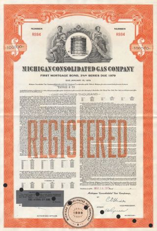Usa Michigan Consolidated Gas Company Stock Certificate $100,  000 photo