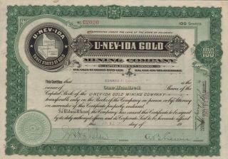 Usa U - Nev - Ida - Gold Mining Company Stock Certificate 1917 Rare photo