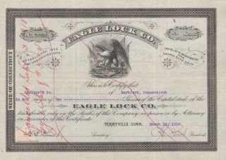 Usa Eagle Lock Co Stock Certificate 1918 Connecticut photo