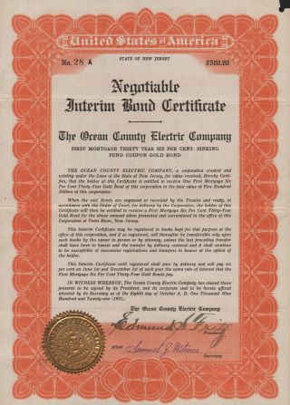 Usa Ocean County Electric Company Stock Certificate $500 photo