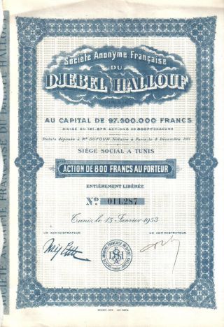 Africa Tunisia Bond 1953 Plomb Mining Djebel Hallouf 800 Francs Uncancelled Coup photo