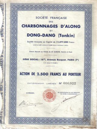 Indochina Bond Charbonnages D ' Along Dong Dang Tonkin Coal Co 2.  500 Fr photo