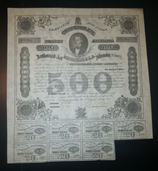 Confederate War Bond - 500 8% With Coupons Attached photo