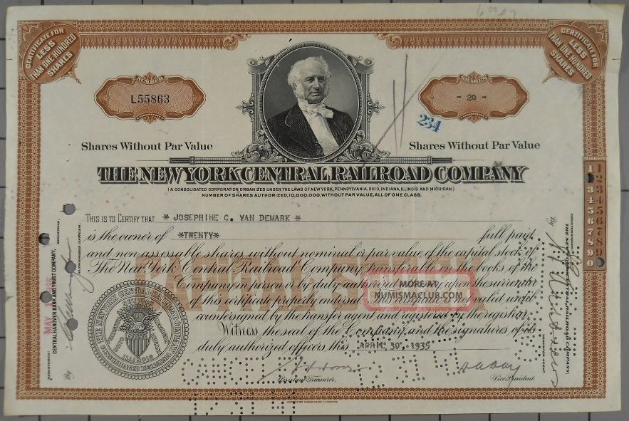 1935 York Central Railroad Company Stock Certificate Transportation photo