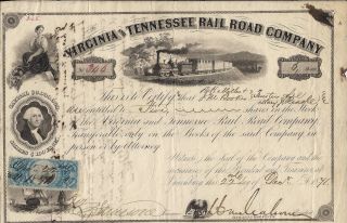 Virginia & Tennessee Railroad Co Stock - Signed Maj Gen William Mahone Tax Stamp photo