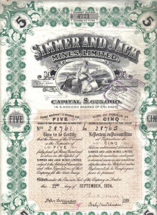 Oiginal South Africa 1924 Bond Gold Simmer & Jack Mines Company 5 Shares Deco photo