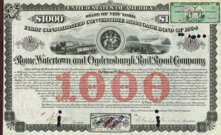 Usa Rome Watertown & Ogdensburgh Railroad Company Stock Certificate 1874 photo