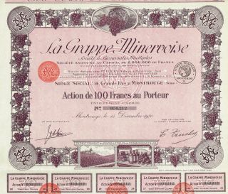 France Wine Stock Certificate La Grappe Minervoise 1930 photo
