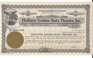 Hollister Golden State Theatre Inc. . . . .  Unissued Stock Certificate photo