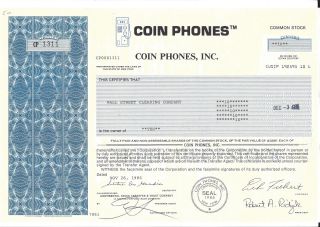 Coin Phones Inc. . . . . . .  1986 Stock Certificate photo