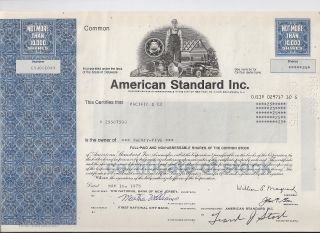 American Standard Inc. . . .  1975 Common Stock Certificate photo