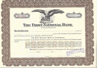 The First National Bank (carbondale,  Pa. ). . . . . .  Unissued Stock Certificate photo