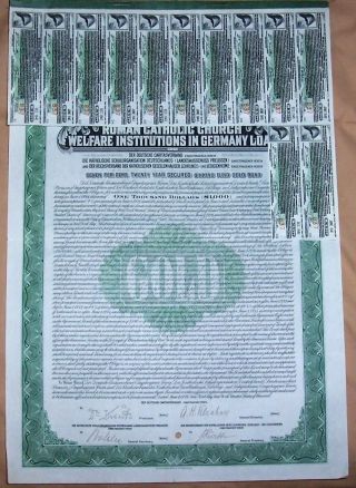 Roman Catholic Church Germany 7% Sinking Fund Gold Bond 1926 $1.  000 Coup Scarce photo