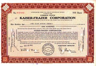 Kaiser - Frazer Corporation Nv 1950 Stock Certificate photo