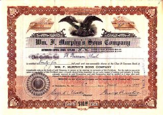 Wm.  F.  Murphy ' S Sons Company Stock Certificate photo