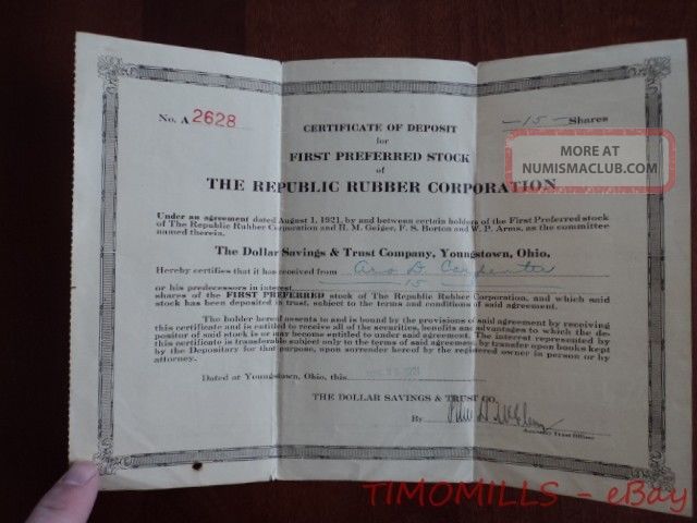 1921 Republic Rubber Corporation First Preferred Stock Certificate Deposit Ohio Stocks & Bonds, Scripophily photo