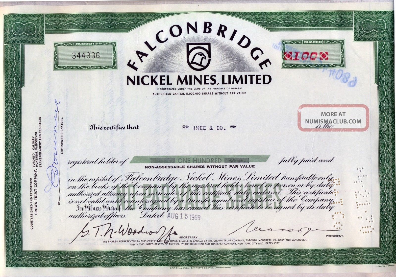 Stock Certificate Falcon Bridge Nickel Mines limited Province of Ontario Canada 