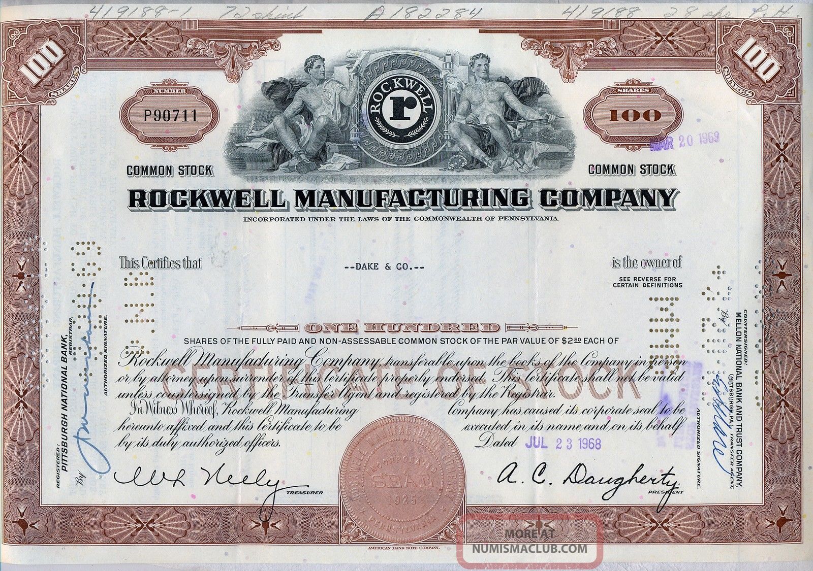 Rockwell Manufacturing Company Stock Certificate Pennsylvania Collins Stocks & Bonds, Scripophily photo