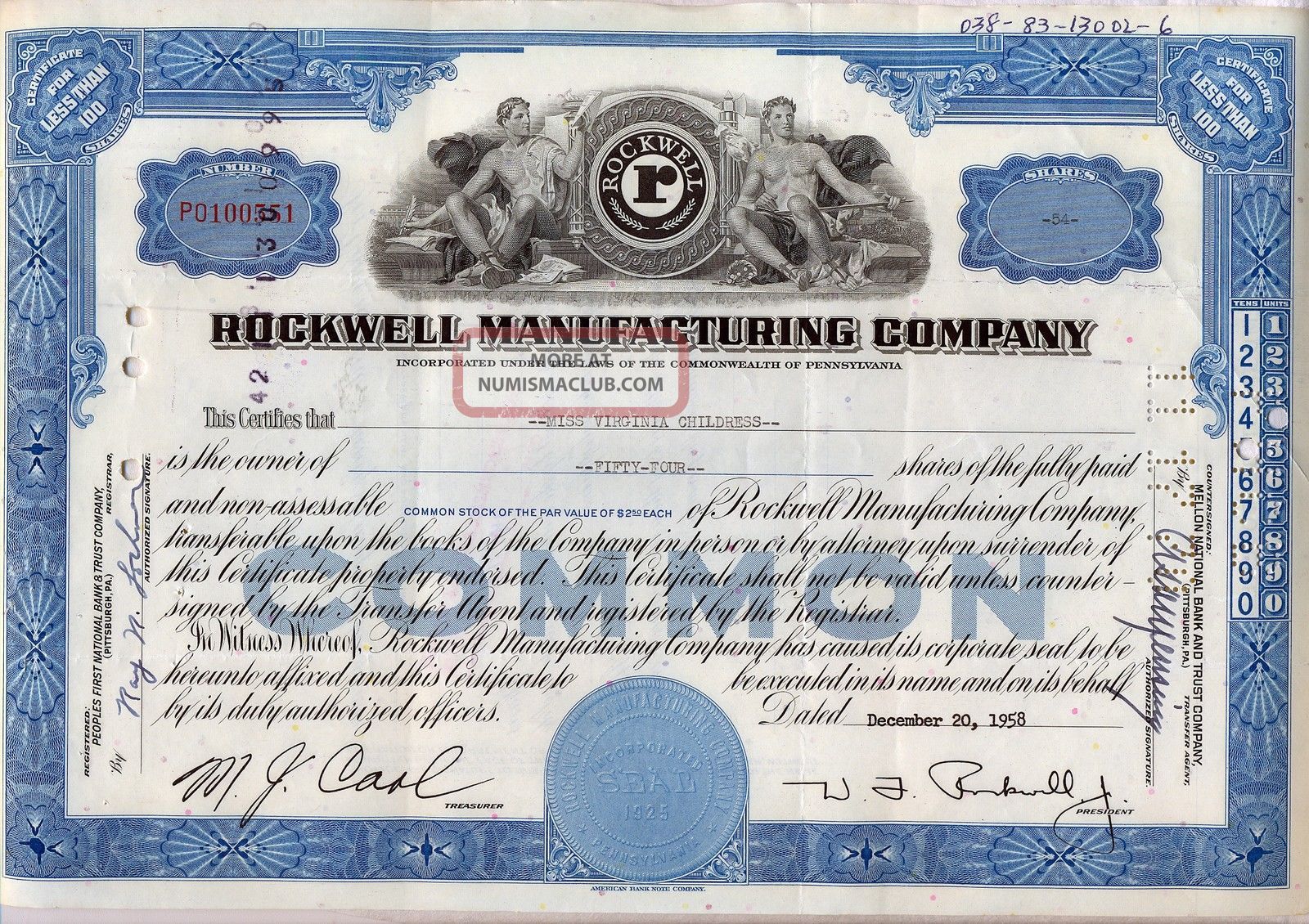 Rockwell Manufacturing Company Stock Certificate Pennsylvania Collins Stocks & Bonds, Scripophily photo