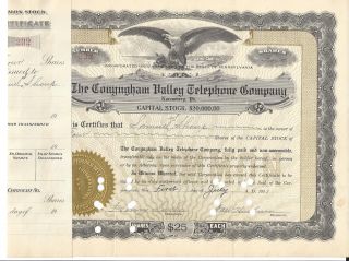 The Conyngham Valley Telephone Company (nuremburg,  Pa). .  1921 Stock Certificate photo