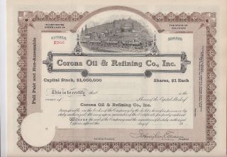 Corona Oil & Refining Co Inc. . . .  Unissued Stock Certificate photo