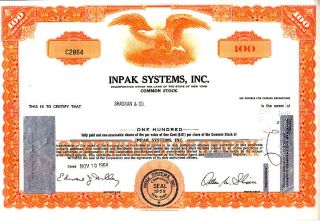Inpak Systems Inc Ny 1964 Stock Certificate photo