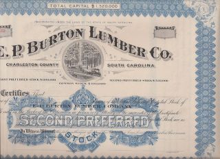 E.  P.  Burton Lumber Co (charleston County,  Sc). . . .  Unissued Stock Certificate photo