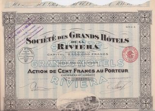 Societe Des Grands Hotels De La Riviera S.  A. . . . . . . .  1920 ' S Certificate photo