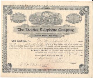 The Hoosier Telephone Company.  (indiana). . . . .  1898 Stock Certificate photo