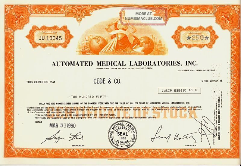 Automated Medical Laboratories Inc Florida 1980 Stocks & Bonds, Scripophily photo