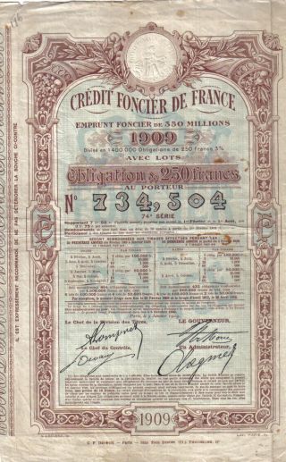 France State 3% Bond Credit Foncier 1909 250 Francs Uncancelled Deco Coupons photo