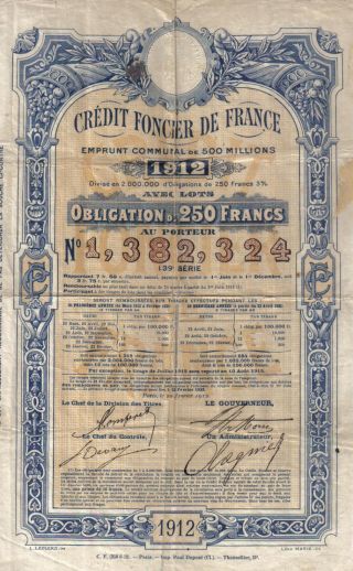 France State 3% Bond Credit Foncier 1912 250 Francs Uncancelled Deco Coupons photo