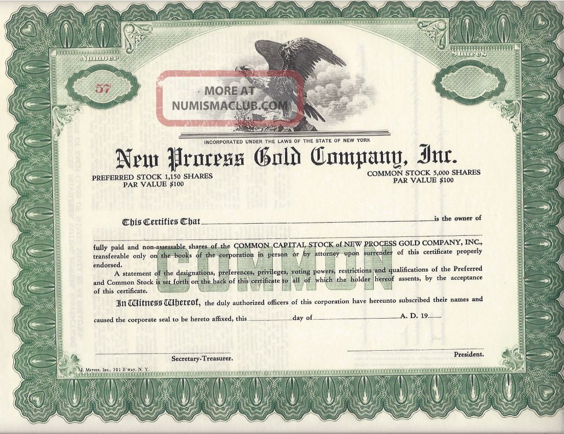Process Gold Company Inc. . . . . . .  Unissued Stock Certificae Stocks & Bonds, Scripophily photo
