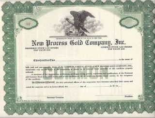 Process Gold Company Inc. . . . . . .  Unissued Stock Certificae photo