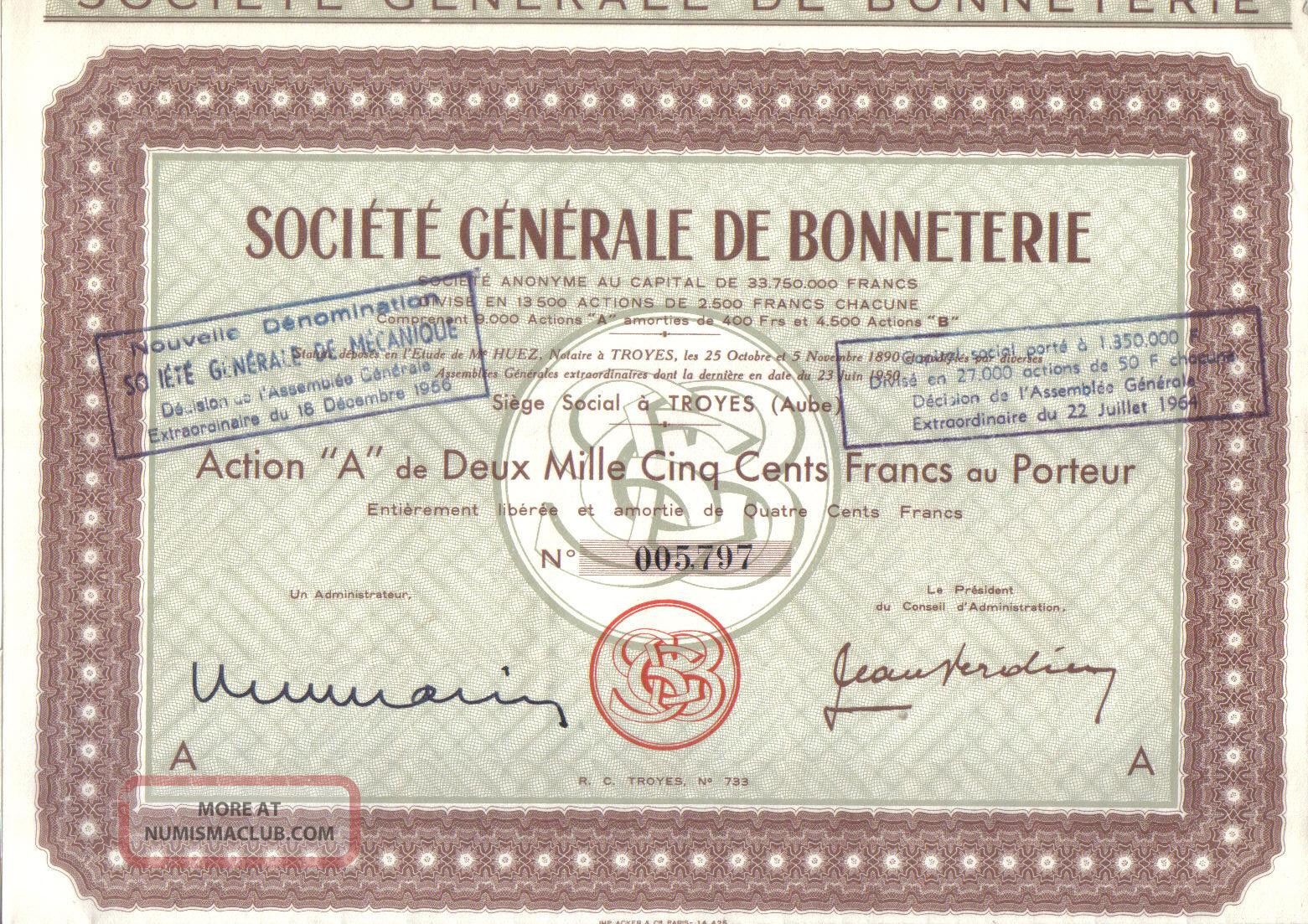 France 1950 Societe Generale Bonneterie Action A 2.  500 Fr Coupons Troyes Aube World photo