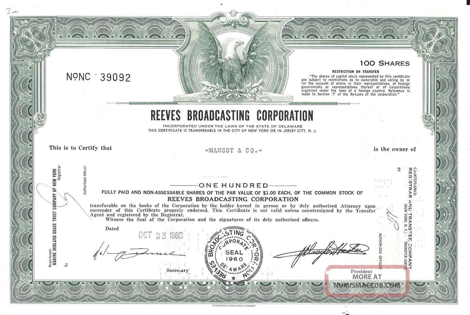 Reeves Broadcasting Corporation. . . .  1968 Stock Certificate Stocks & Bonds, Scripophily photo