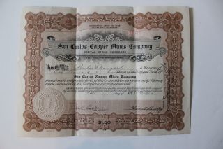 San Carlos Mining Co.  - Arizona 1920 Stock Certificate 1,  000 Shares photo
