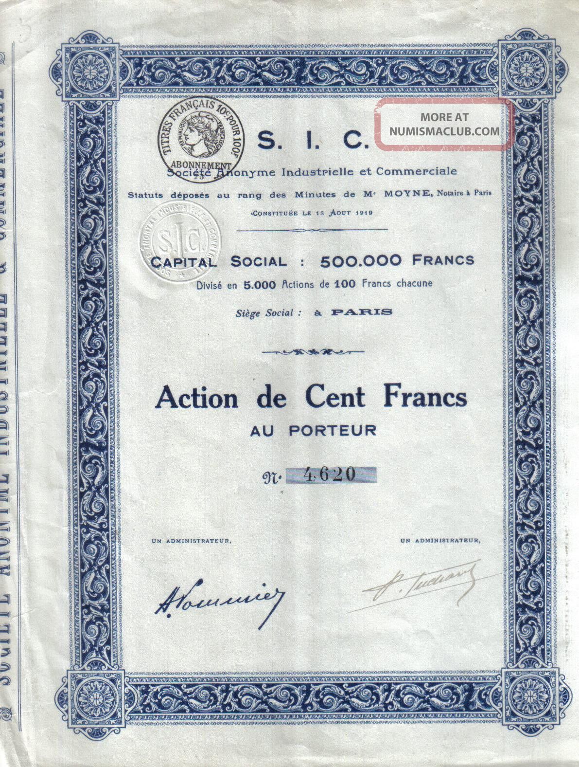 France 1919 S.  I.  C.  Industrielle Commerciale 100 Fr Coup Issue 5.  000 Uncancelled World photo