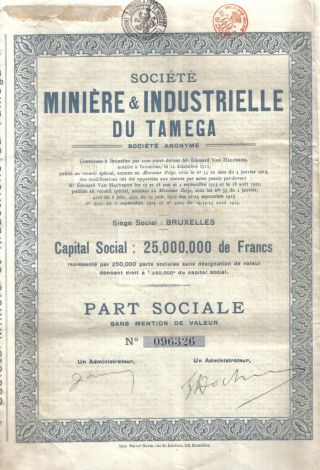 Belgium 1925 Miniere Industrielle Tamega Mining Co Part Sociale Coup Uncancelled photo