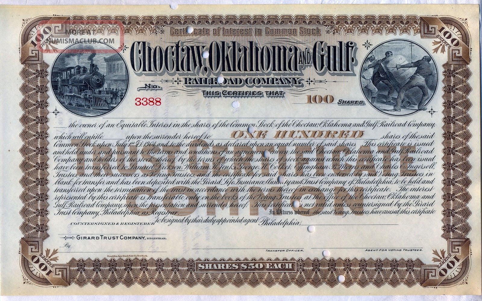 Choctaw Oklahoma & Gulf Railroad Company Stock Certificate 100 Shares Transportation photo