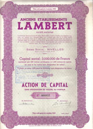 Belgium 1944 Anciens Etablissements Lambert Action Capital Coupons Issue 1600 photo
