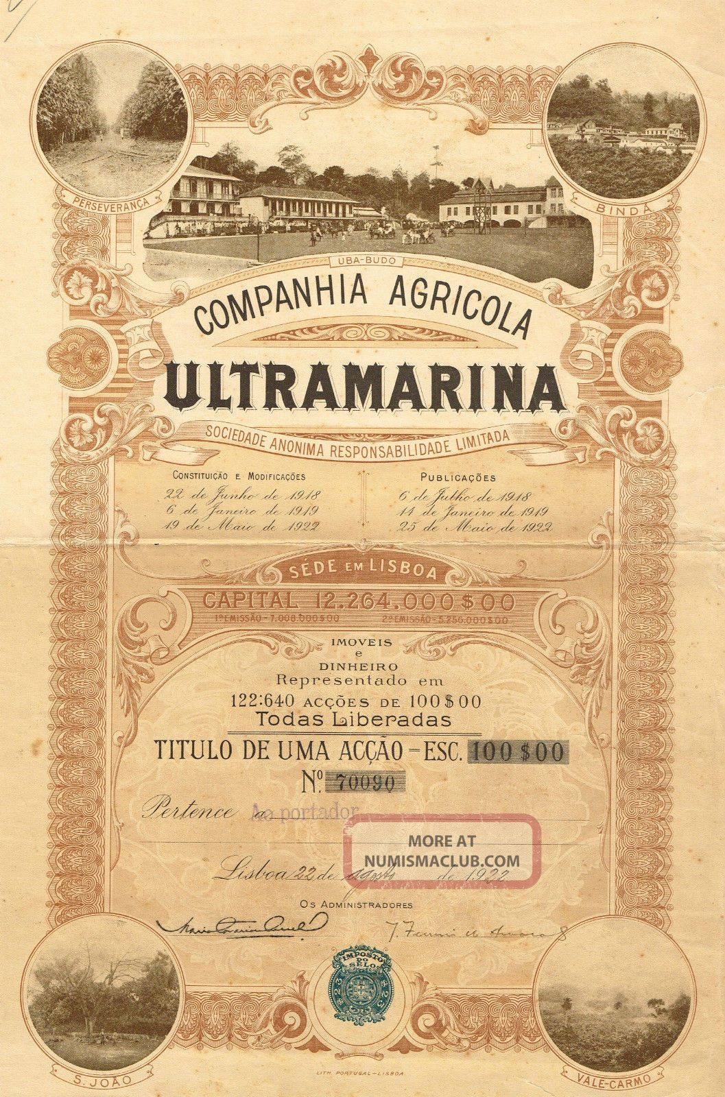 Portugal Ultramarina Agriculture Company Stock Certificate 1922 World photo