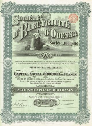 Russia Odessa Electric Co Stock Certificate 1910 Capital 8,  000,  000 photo