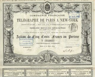 France Paris To York Telegraph Stock Certificate 1879 photo