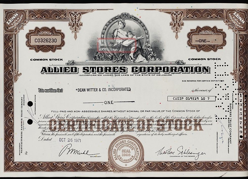 Allied Stores Corporation York Old Stock Cert.  Issued To Dean Witter Stocks & Bonds, Scripophily photo