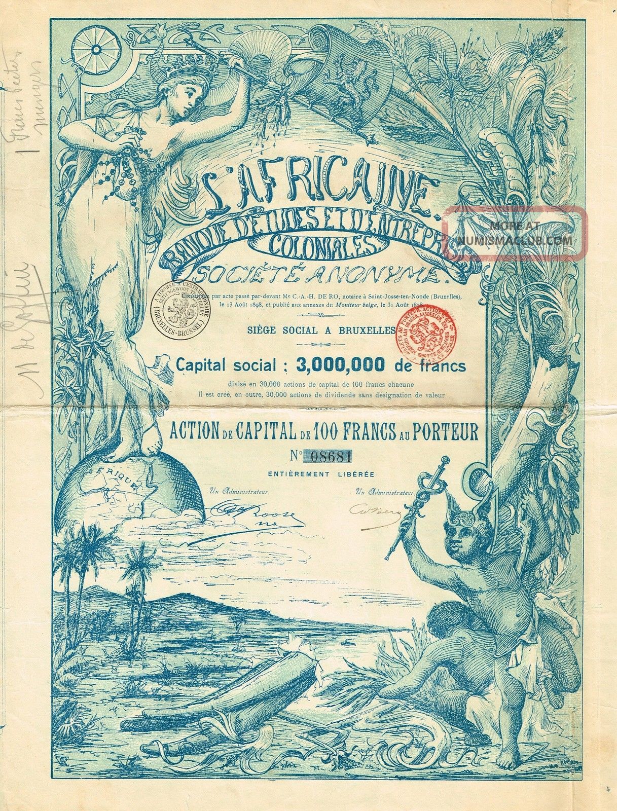 Africa Colonial Bank Stock Certificate 1898 W/ 17 Coupons Beauty World photo