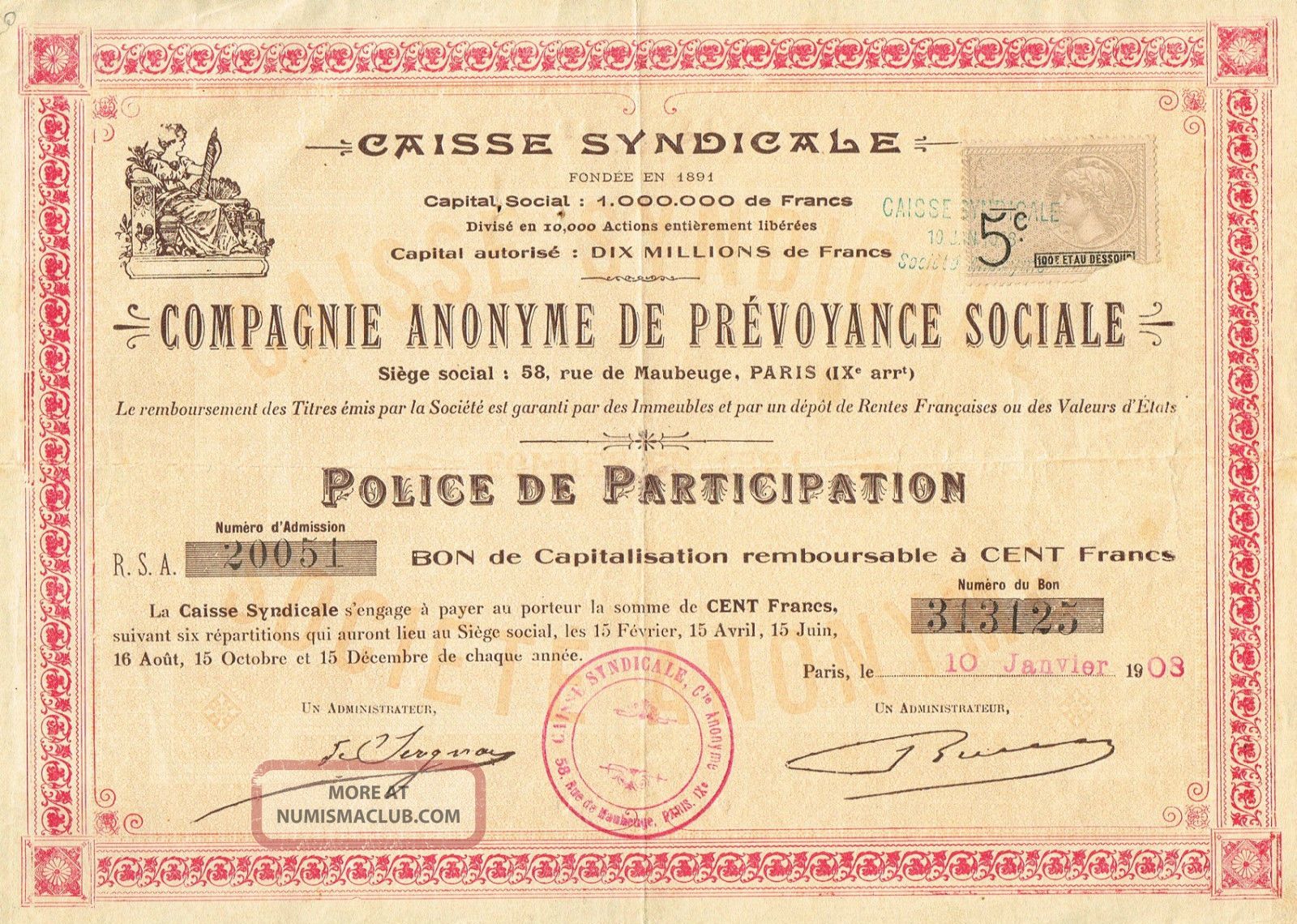 France Social Security Stock Certificate 1903 World photo