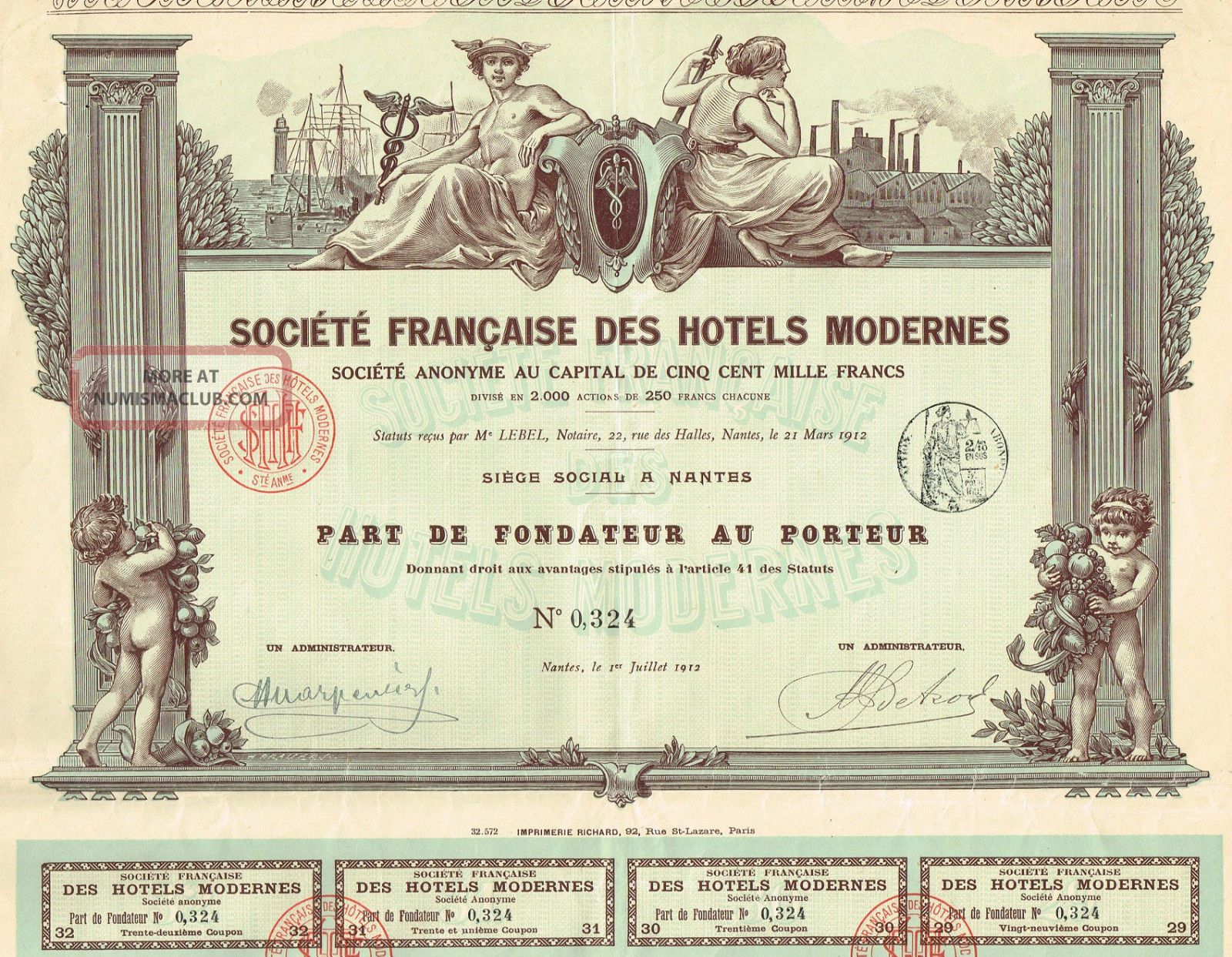 France Society Of Modern Hotels Stock Certificate 1912 World photo