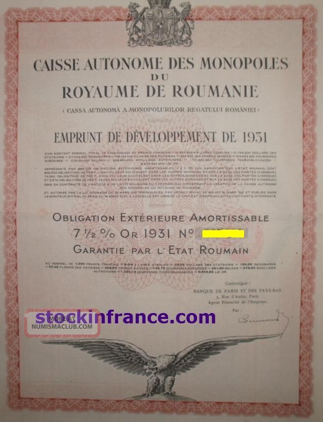 Caisse Autonome Des Monopoles Du Royaume De Roumanie Stocks & Bonds, Scripophily photo